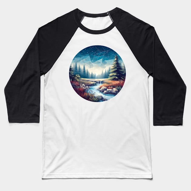 Low Poly Night Forest with River Baseball T-Shirt by Antipodal point